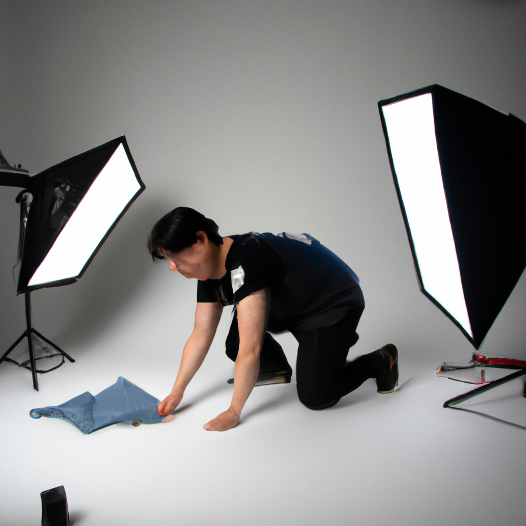 라이트 테크 어시스턴트가 소프트박스를 세팅하는 장면